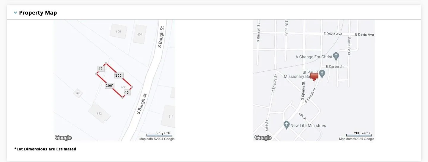 Property Map. Displaying the property's parcel outline with dimensions and its location within the surrounding area