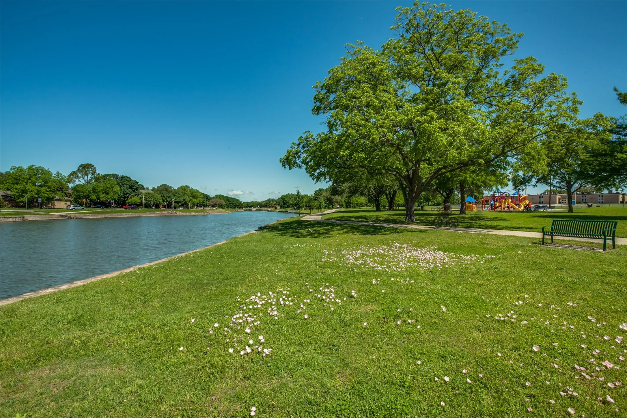 Expansive green space featuring a water body, mature trees, a park bench, and a distant playground