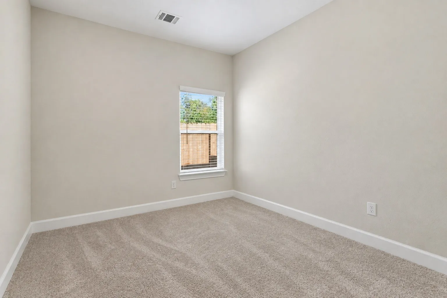 Neutral-toned carpeting, light-colored wall paint, white trim, and a window with blinds