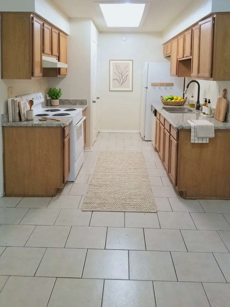 Please note: this photo has been virtually staged. The Galley kitchen features wood-finish cabinetry, granite countertops, and tile floors and includes a dishwasher, range and refrigerator.