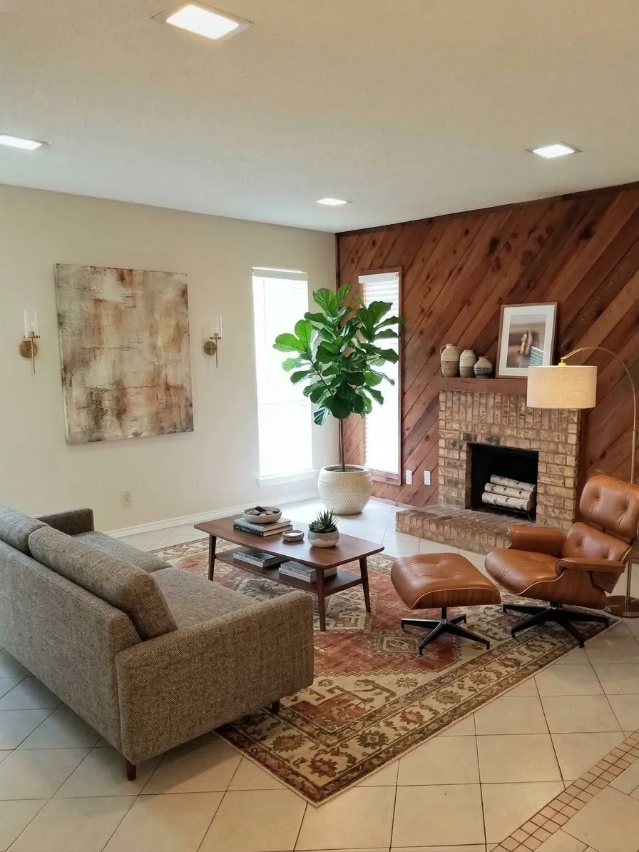 This photo of the living room has been virtually staged with furnishings. It features Tile floors, recessed ceiling lighting, brick fireplace, wood accent wall, and new white faux wood Blinds.