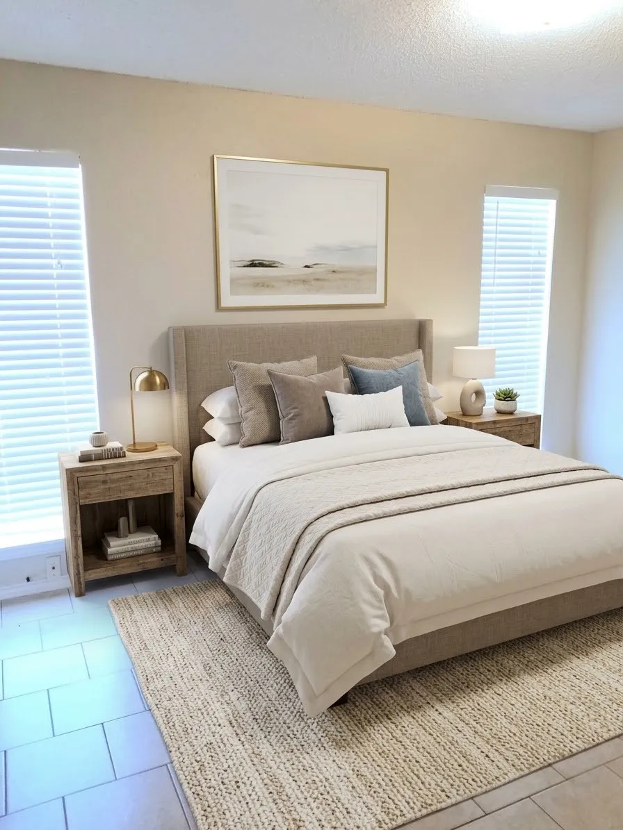 Please note: this primary bedroom has been virtually staged. It fearures fresh neutral two-tone paint, two windows with white faux wood blinds, beutral-colored tile flooring, and a walk-in closet