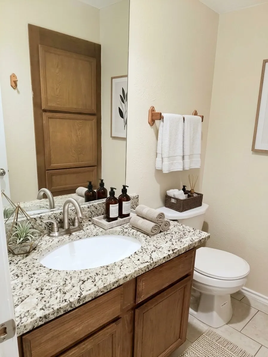 Note: This Half Bathroom has been virtually staged. It features a wood-finish vanity with a granite countertop, undermount sink, brushed nickel faucet and builtin linen cabinet
