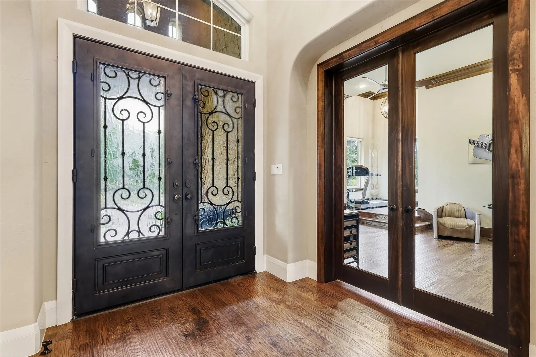 Attractive hand scraped wood floors & views of the study