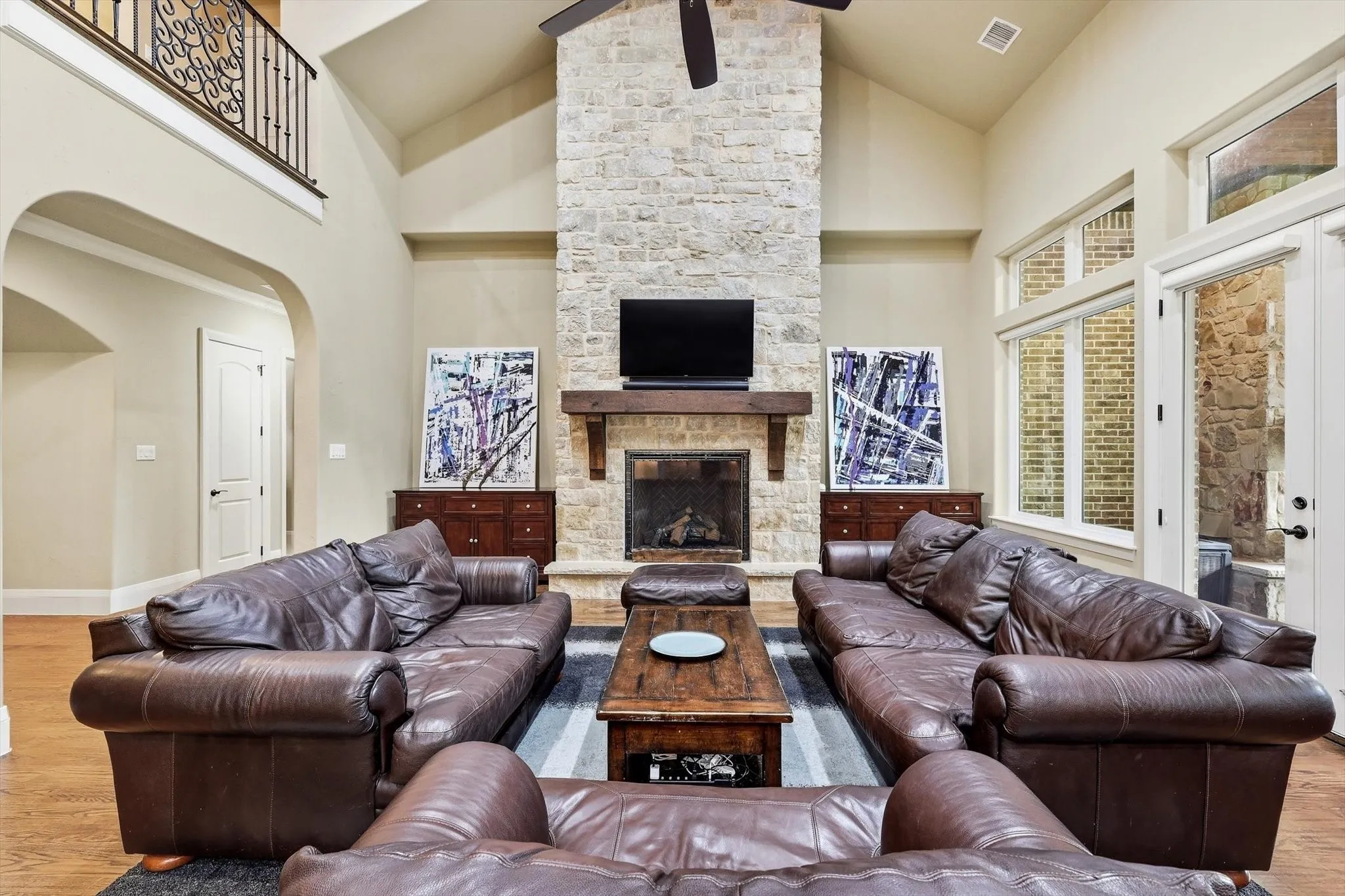 And floor to ceiling stone fireplace