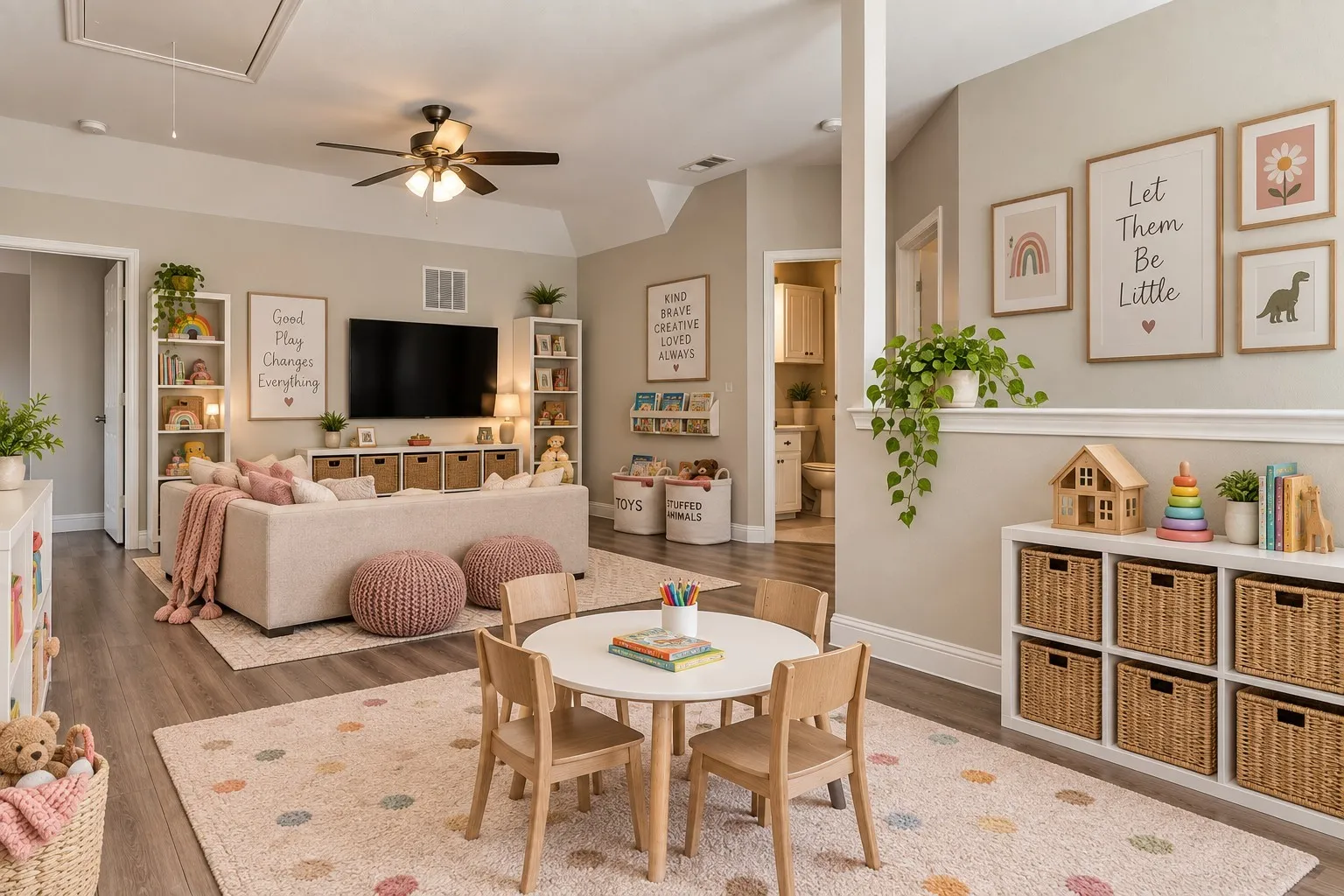Virtually staged upstairs game room