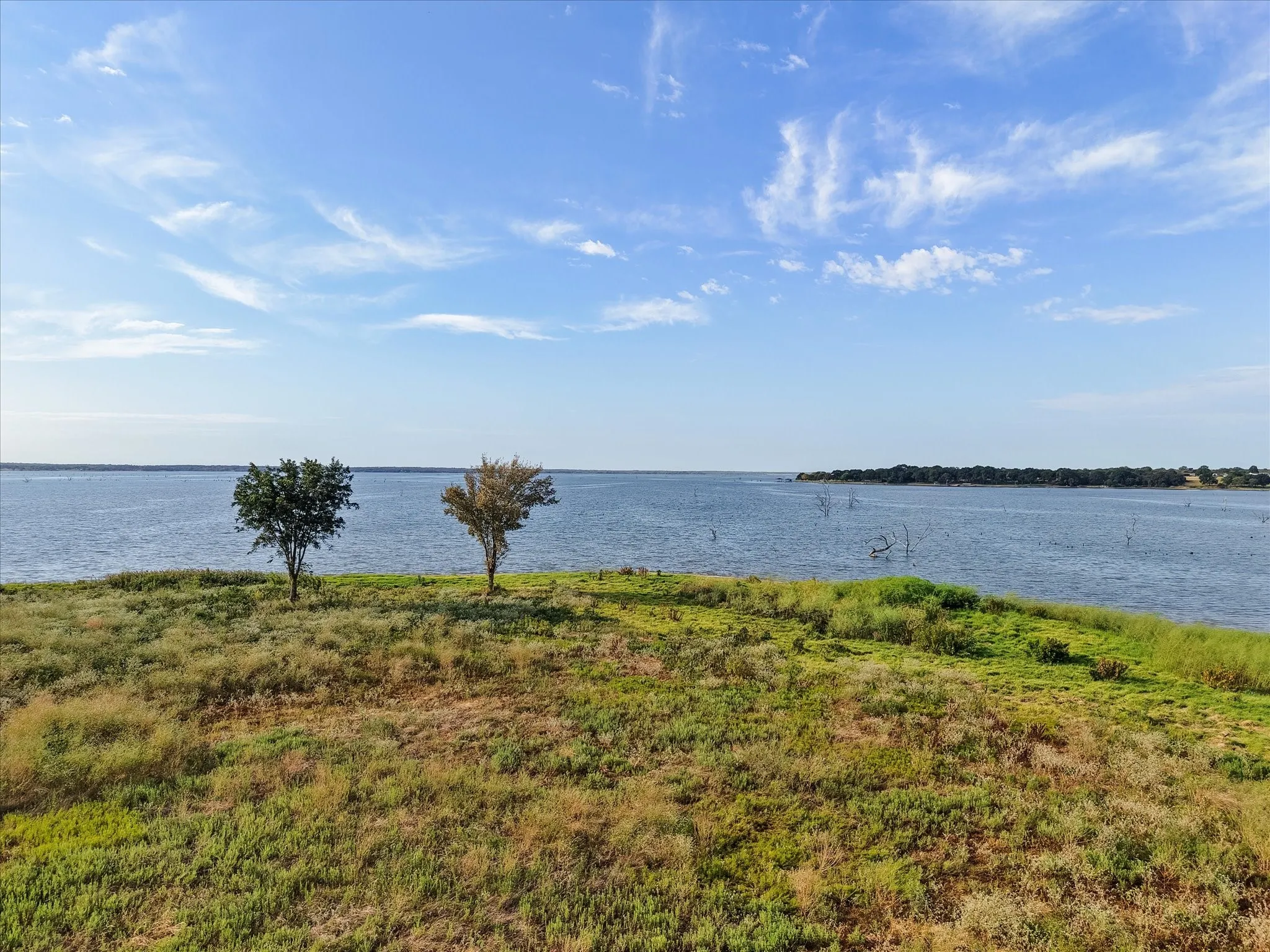 Expansive waterfront property featuring a natural shoreline, mature trees, and clear blue skies