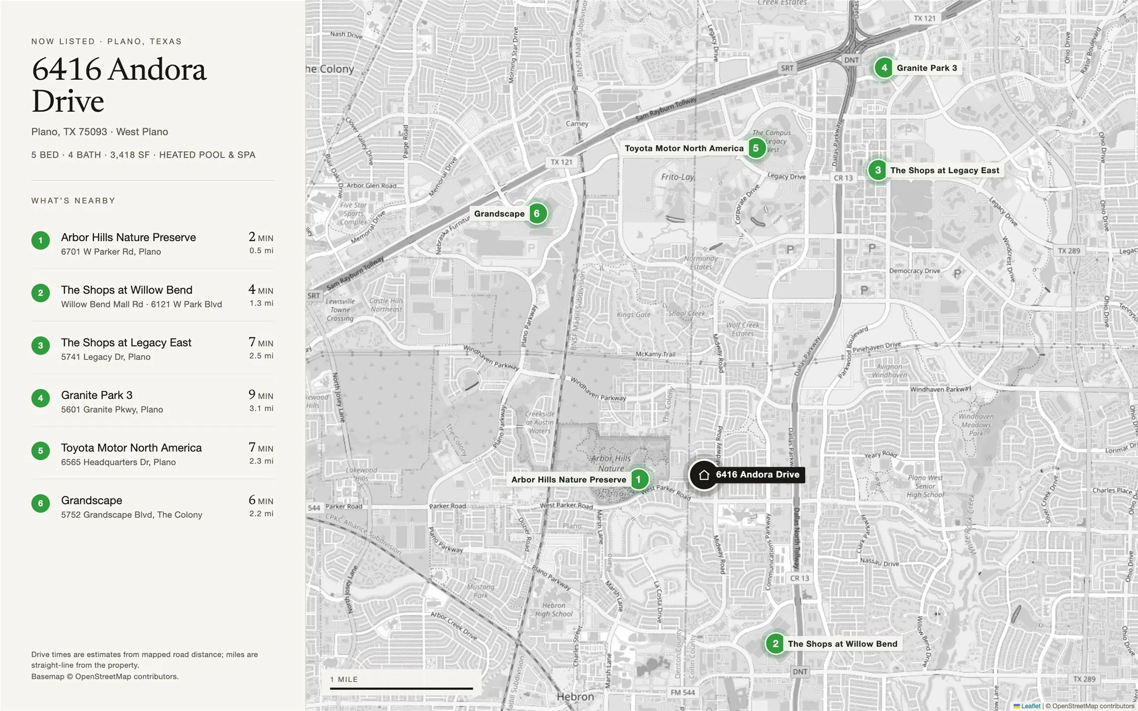 Under ten minutes to some of the best destinations in Plano: Walk to Arbor Hills Nature Preserve and a short drive to Willow Bend Mall, Shops at Legacy, Granite Park, Grandscape.