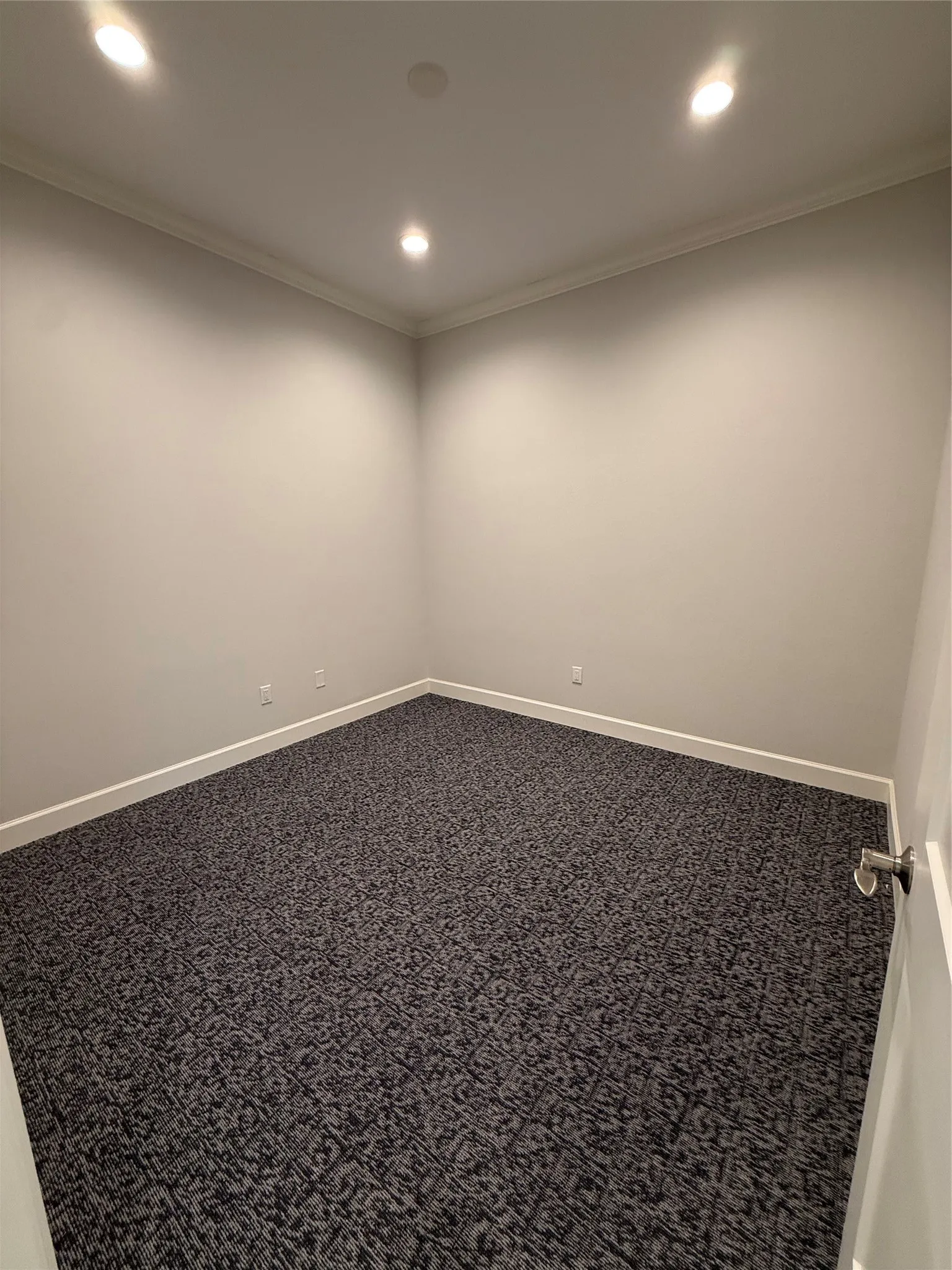 Recessed lighting, crown molding, light-colored walls, pattern carpet, and white trim