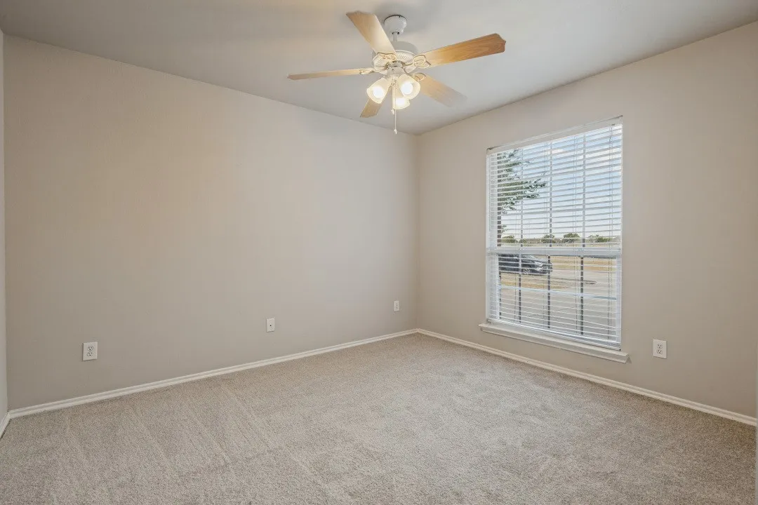 Carpeted flooring, neutral wall paint, ceiling fan with light fixture, window with blinds