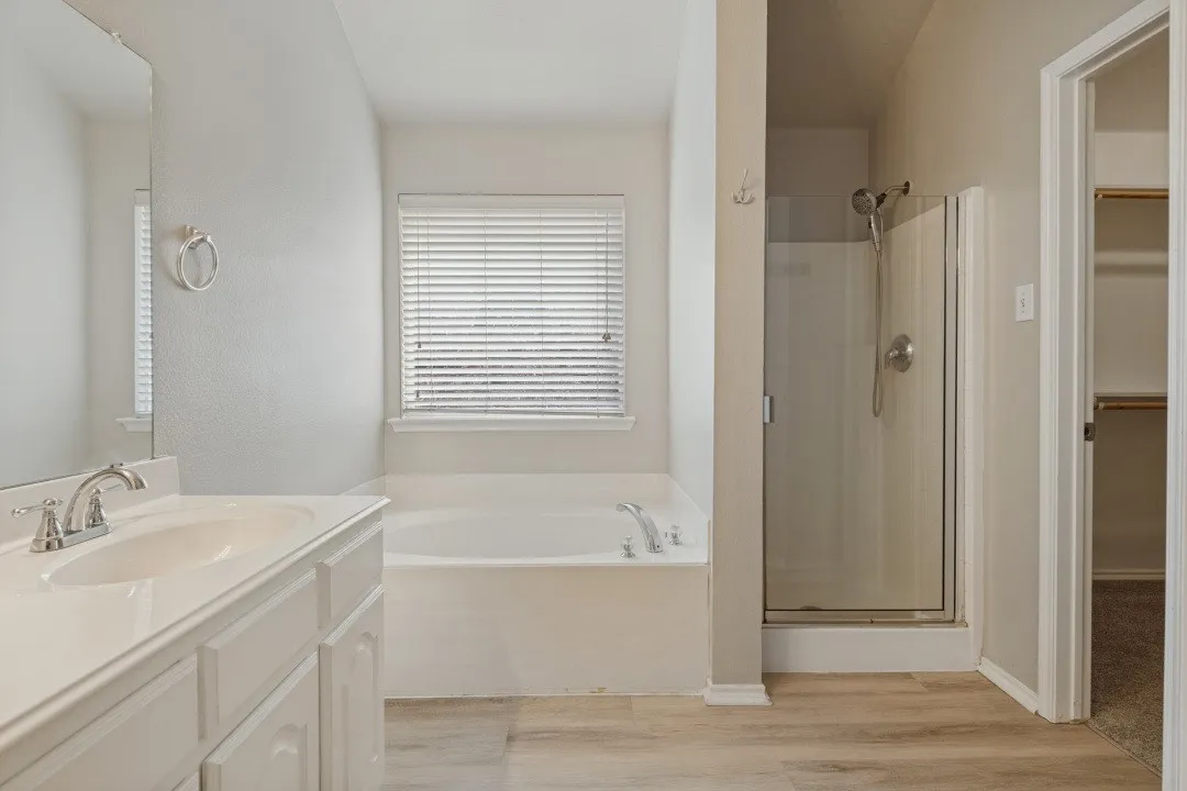 Vanity with integrated sink, built-in soaking tub, separate shower enclosure, and wood-finish flooring