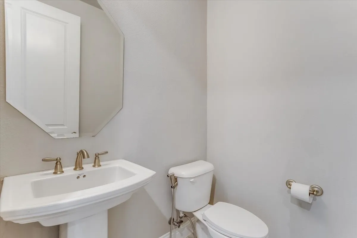 Pedestal sink with brass-finish faucet, octagonal wall mirror, and toilet with brass-finish bidet attachment