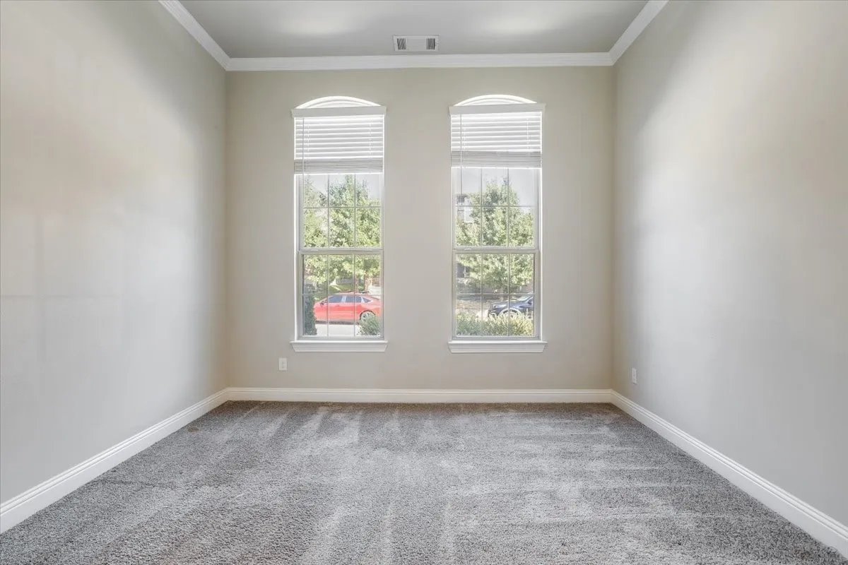 Neutral wall finishes, crown molding, arched windows, and grey carpeting