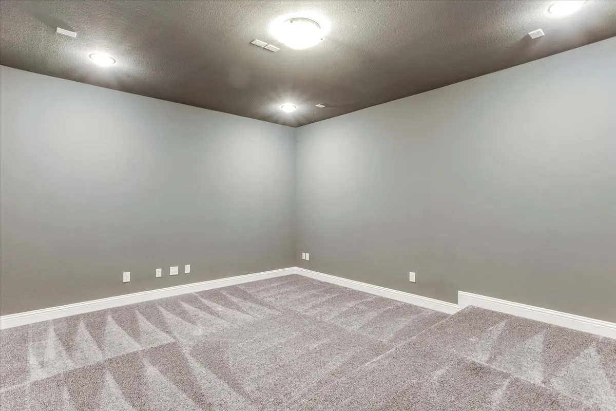 Recessed lighting, flush mount ceiling fixture, gray wall finish, white trim, and gray patterned carpeting
