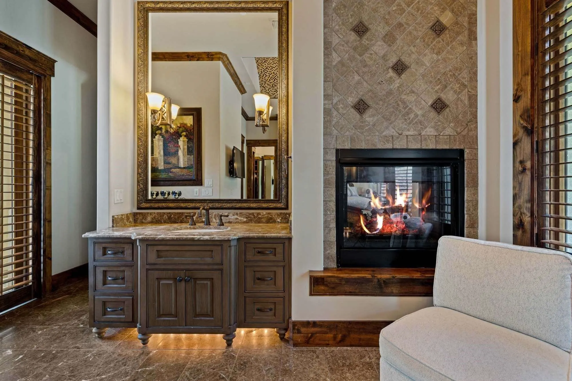Primary bathroom with fireplace