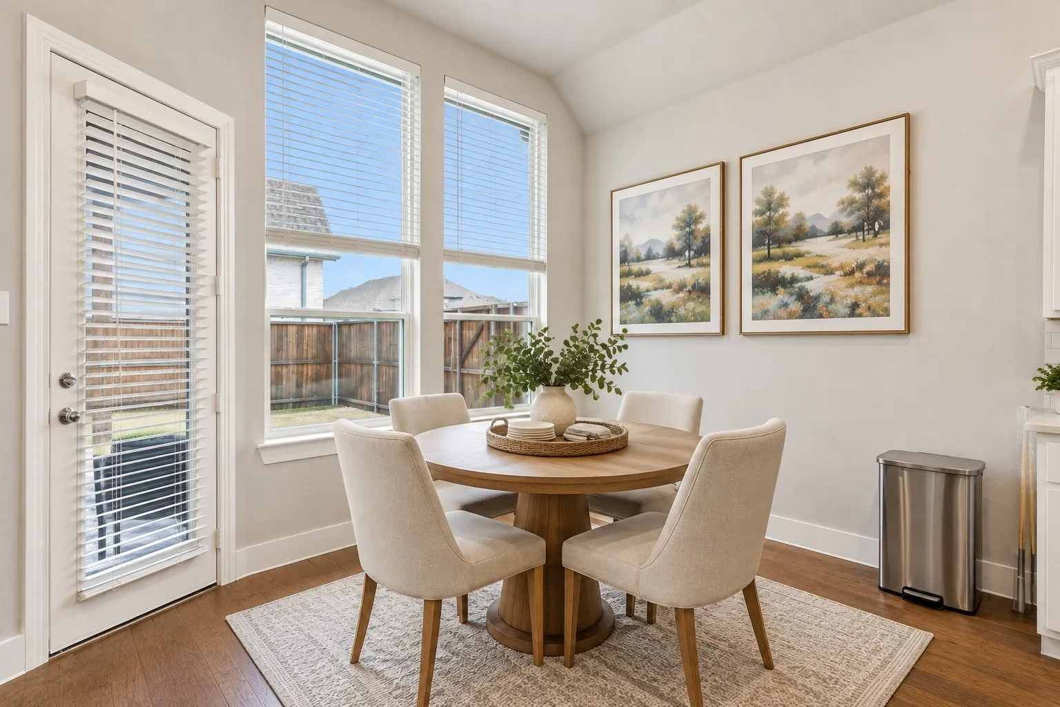 Virtually staged, Light wood-finish flooring with white trim