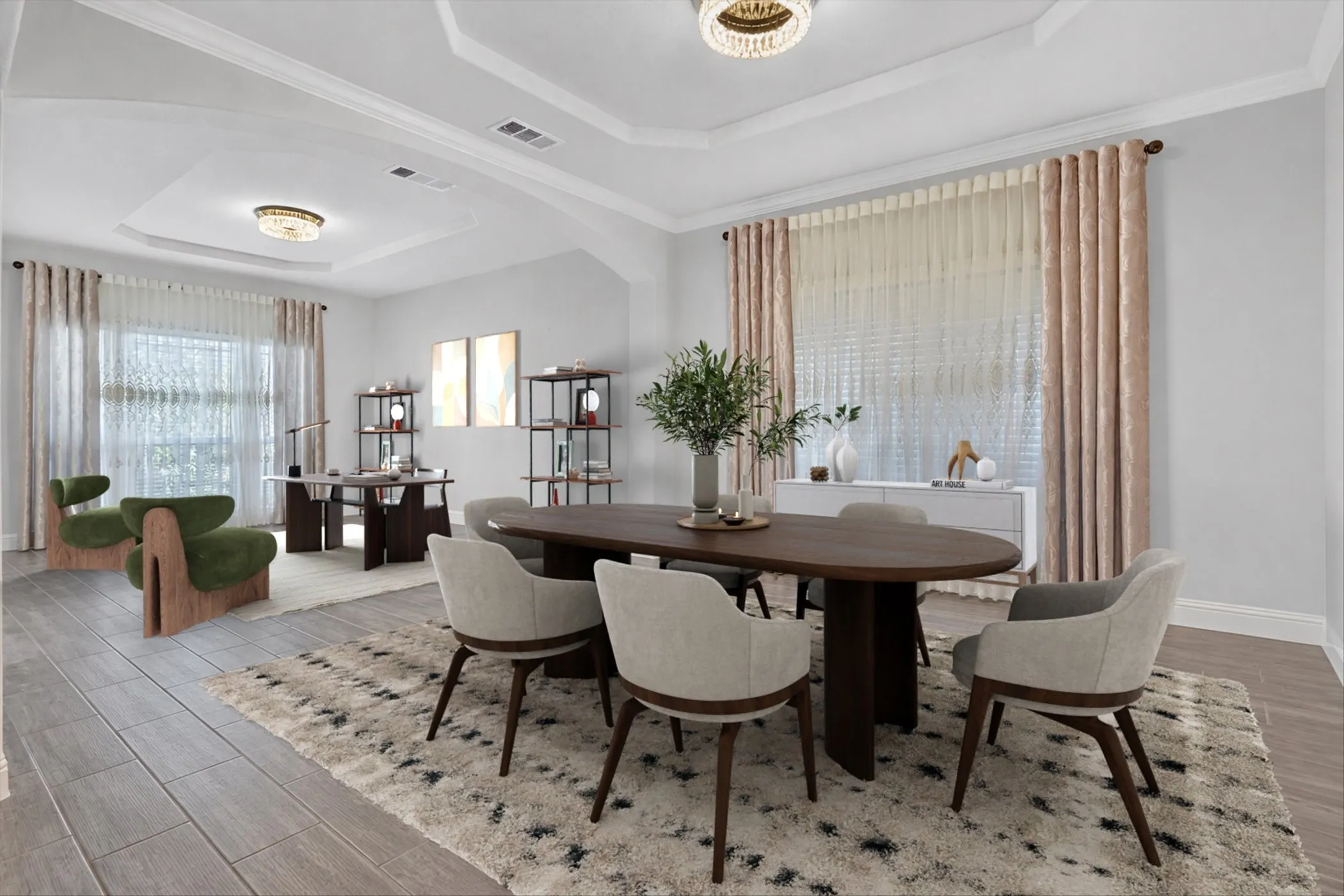 Tray ceiling with a decorative light fixture, wood-finish flooring, and crown molding