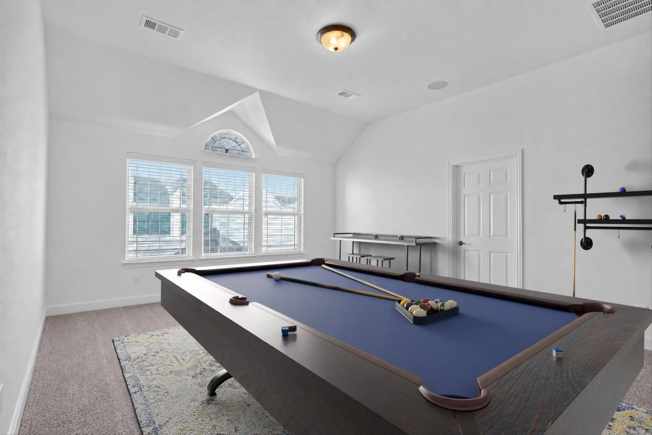 Vaulted ceiling, arched transom window, three rectangular windows, paneled interior door, and ceiling-mounted light fixture