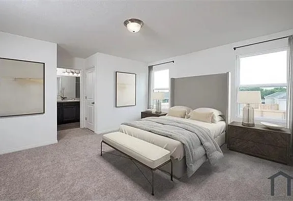 Carpeted bedroom featuring two windows with curtain rods, a ceiling-mounted light fixture, and an adjoining bathroom with a dark wood vanity and mirror