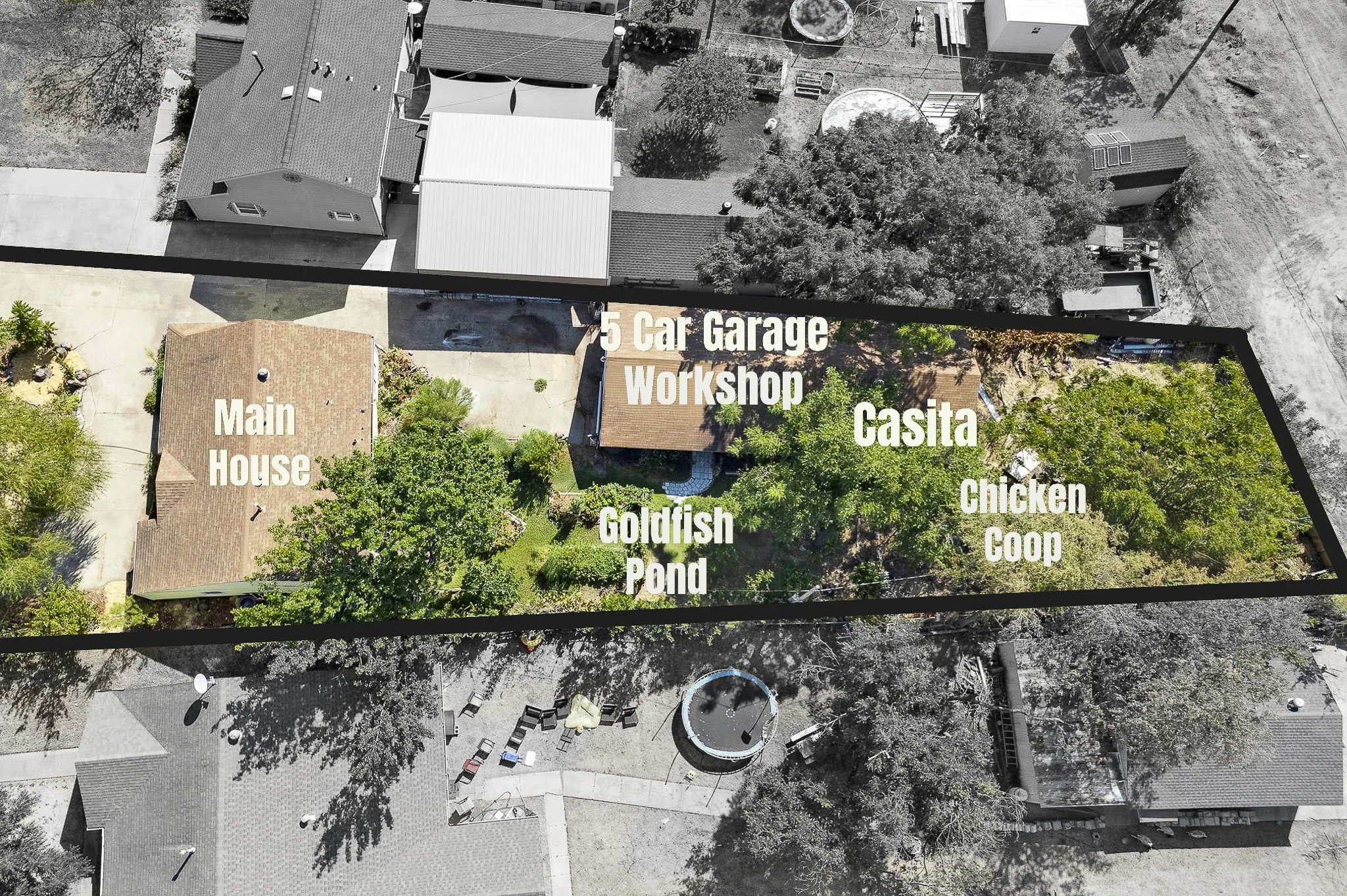Main house, 5-car garage with workshop, separate casita, goldfish pond, and a chicken coop