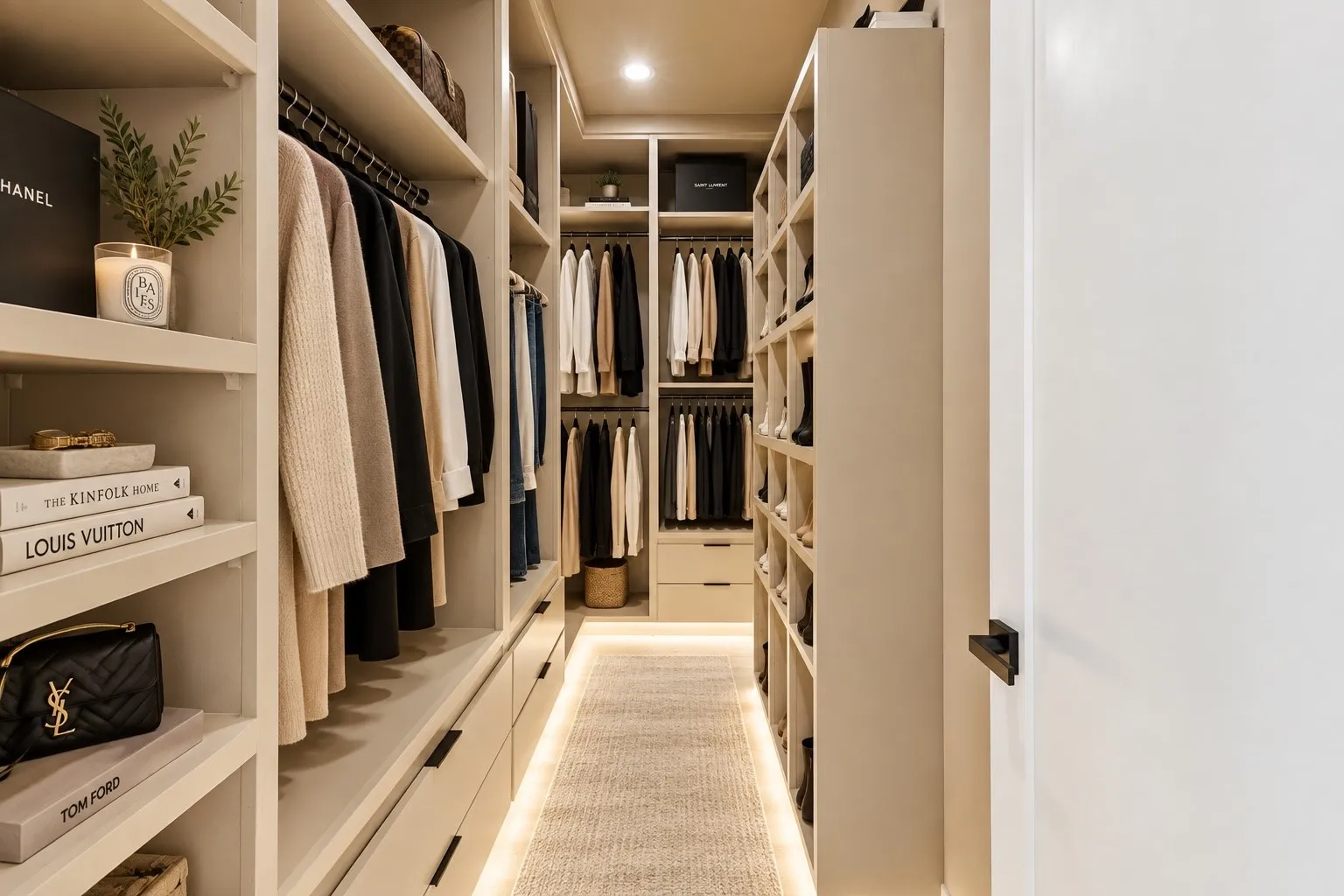 Custom built-in closet system with extensive shelving, multiple hanging rods, integrated drawers, and dedicated shoe storage