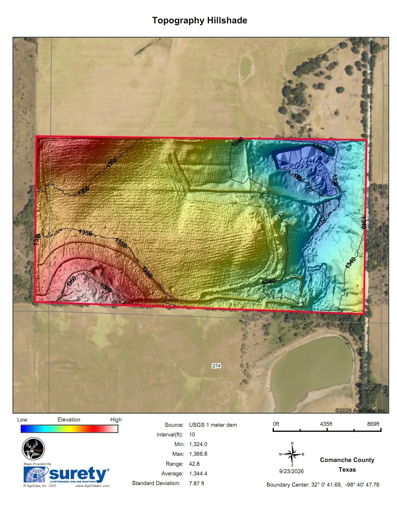 Topography Hillshade Map. Illustrating the elevation contours and surface relief of the property