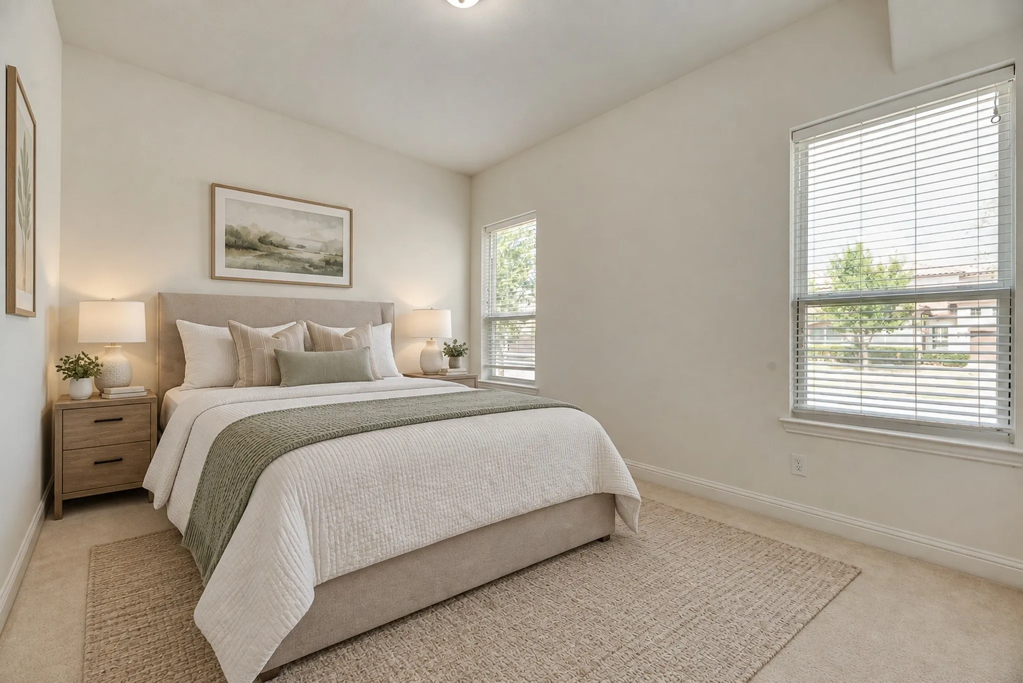 Virtually Staged. 2nd Downstairs Bedroom bedroom with two windows, a ceiling light fixture, and light-colored wall paint