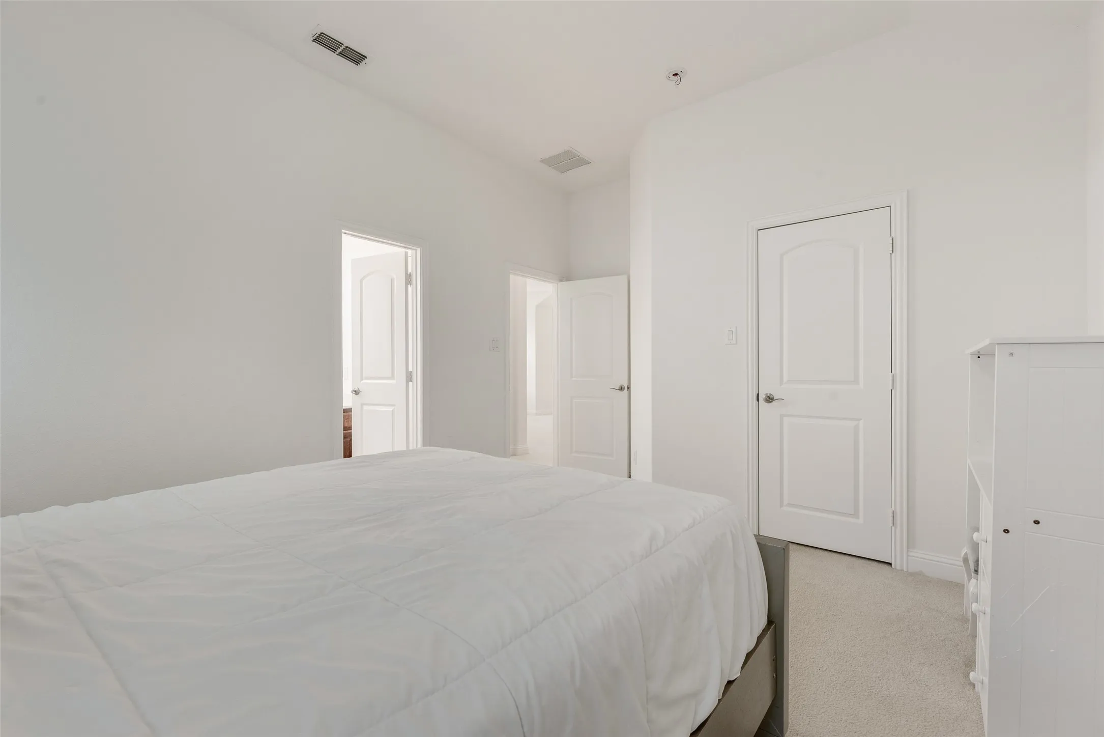 Vaulted ceiling, arched panel doors, and neutral carpeting