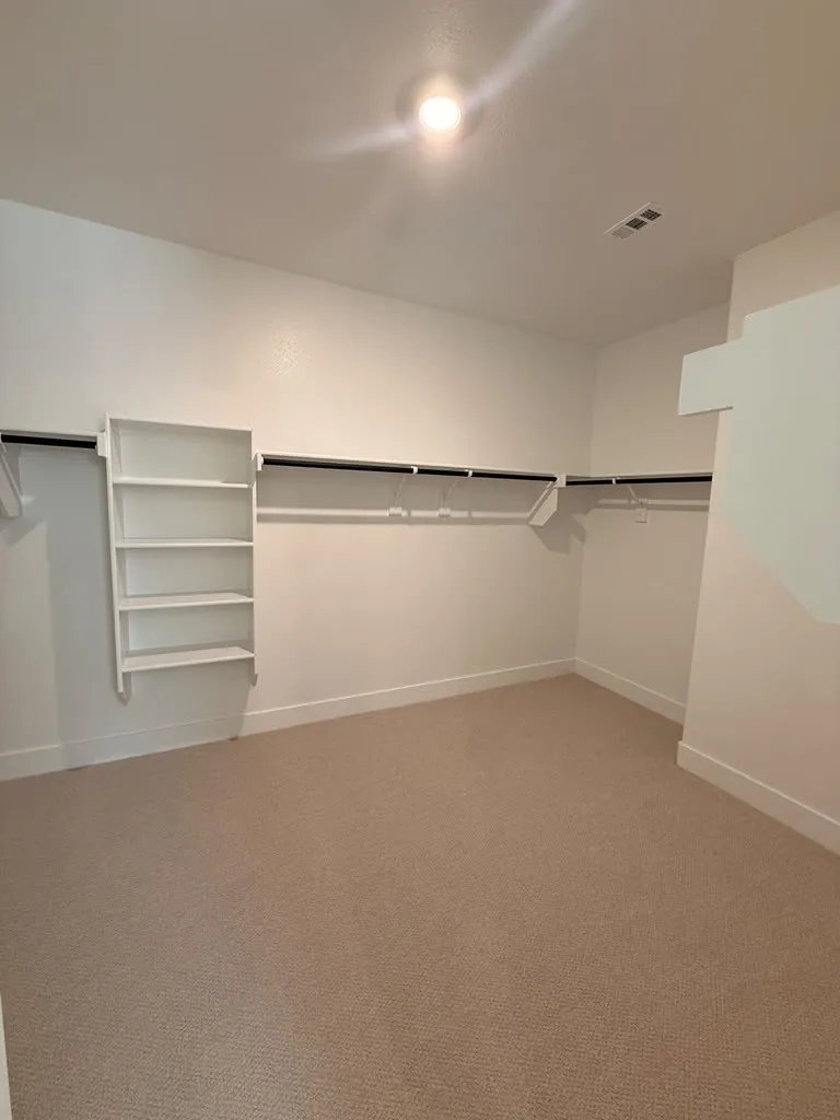 Spacious closet featuring wall-mounted shelving and multiple hanging rods
