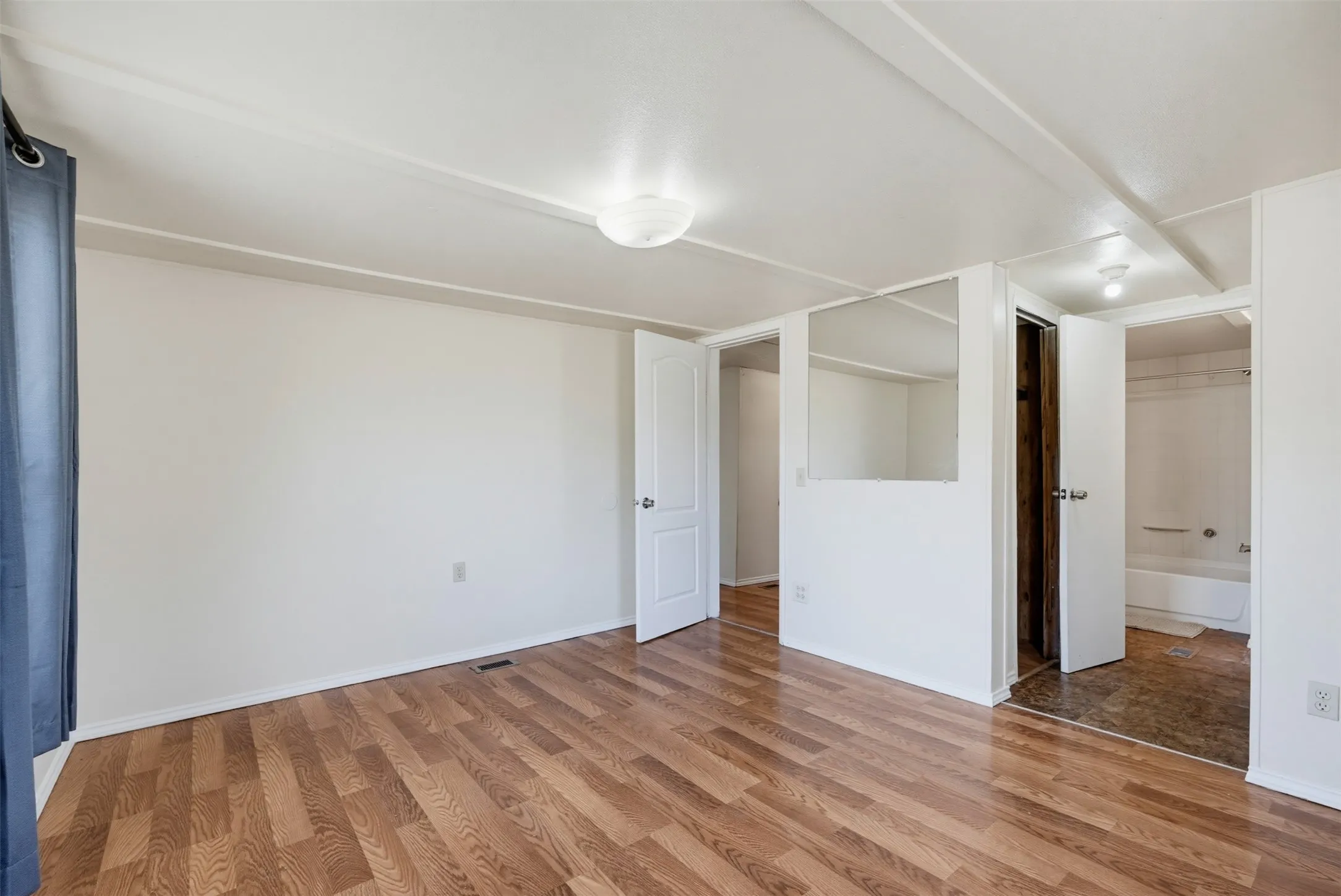 Primary bedroom Wood-finish flooring throughout, white walls, and a ceiling-mounted light fixture with dual closets