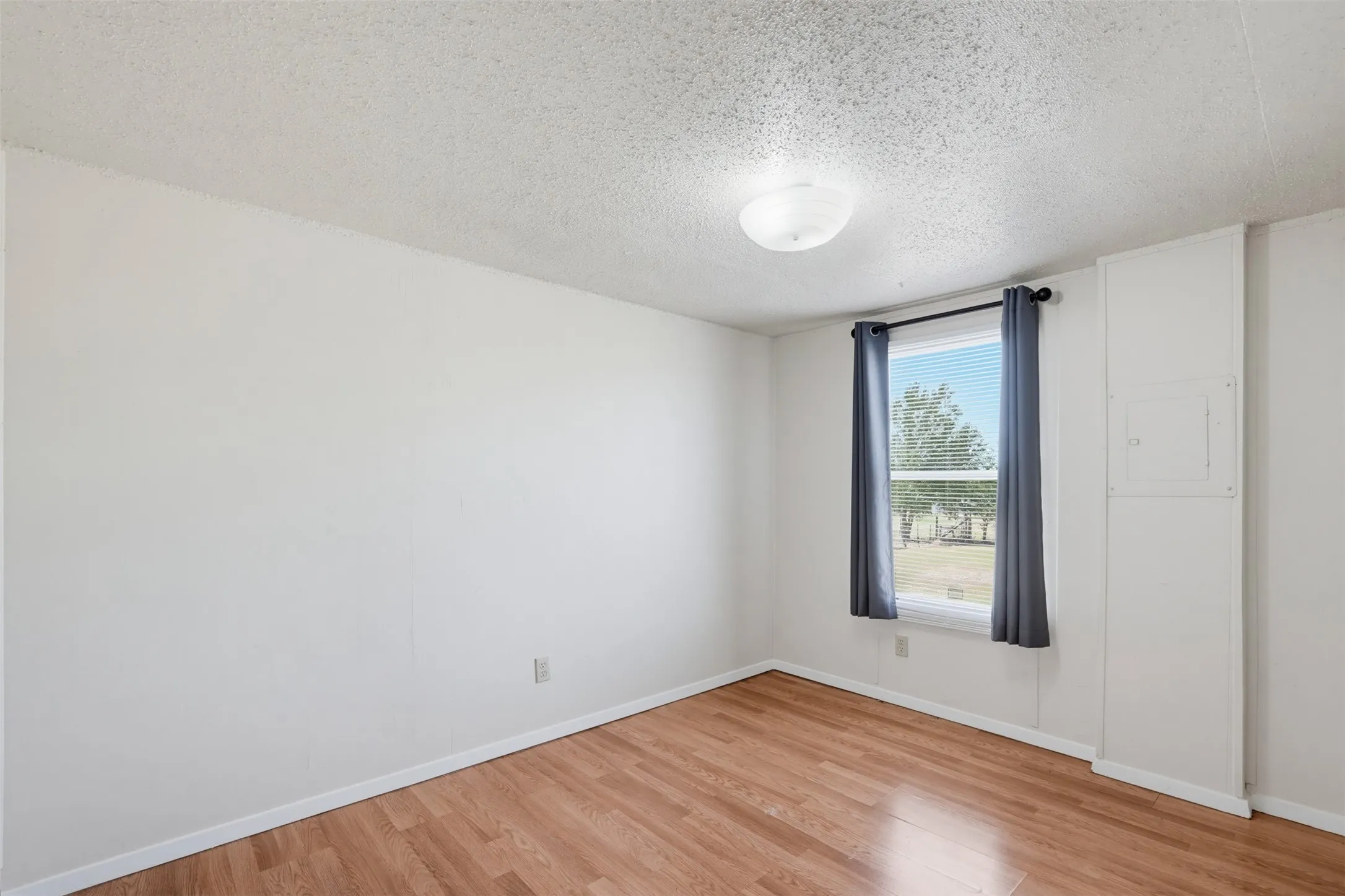 Wood-finish flooring, white walls, and a ceiling-mounted light fixture