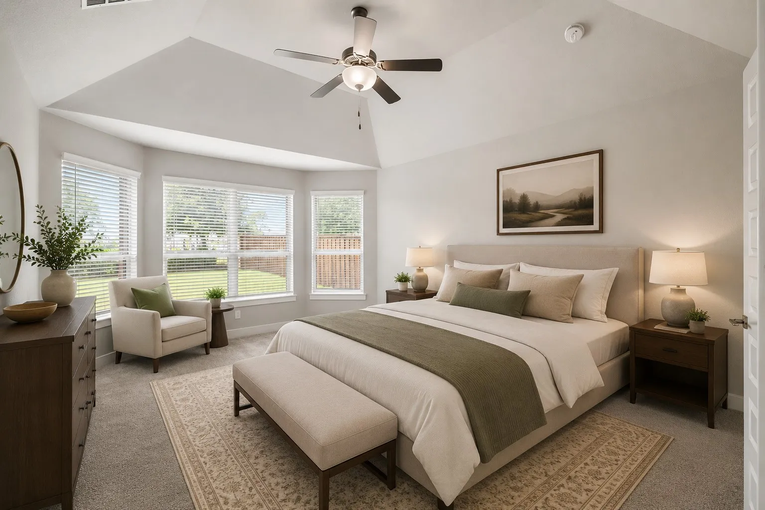Vaulted ceiling with a ceiling fan, bay window with blinds, and carpeted flooring