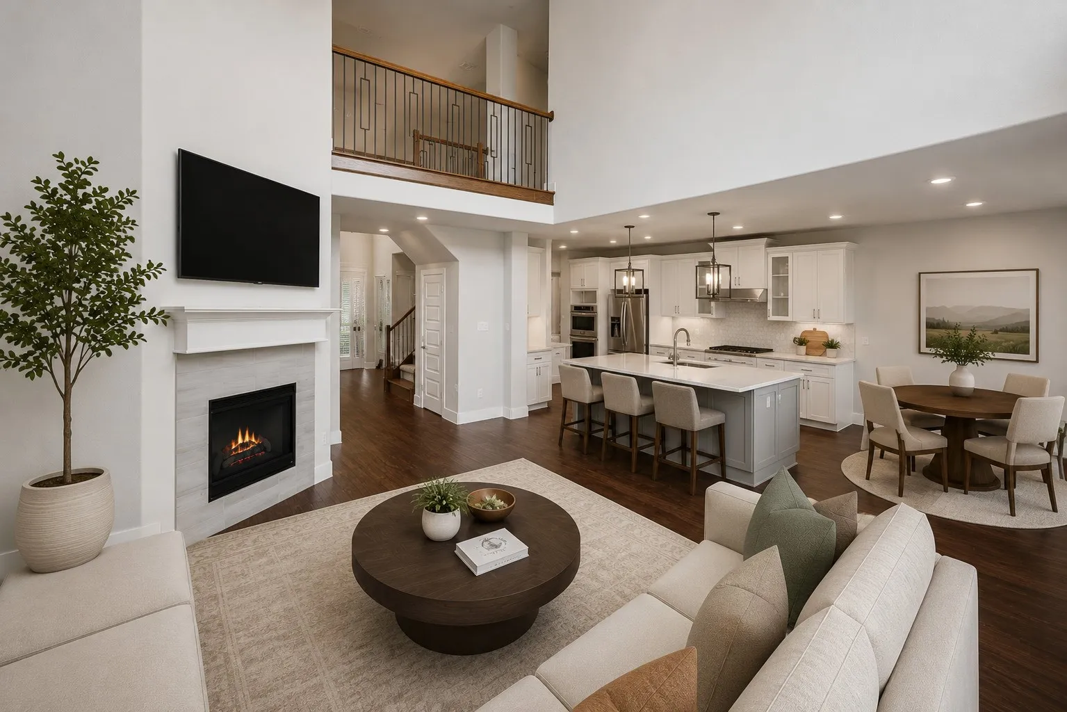 Open-concept living space featuring a gas fireplace with stone surround, wood-finish flooring, a kitchen island with seating, and a two-story ceiling