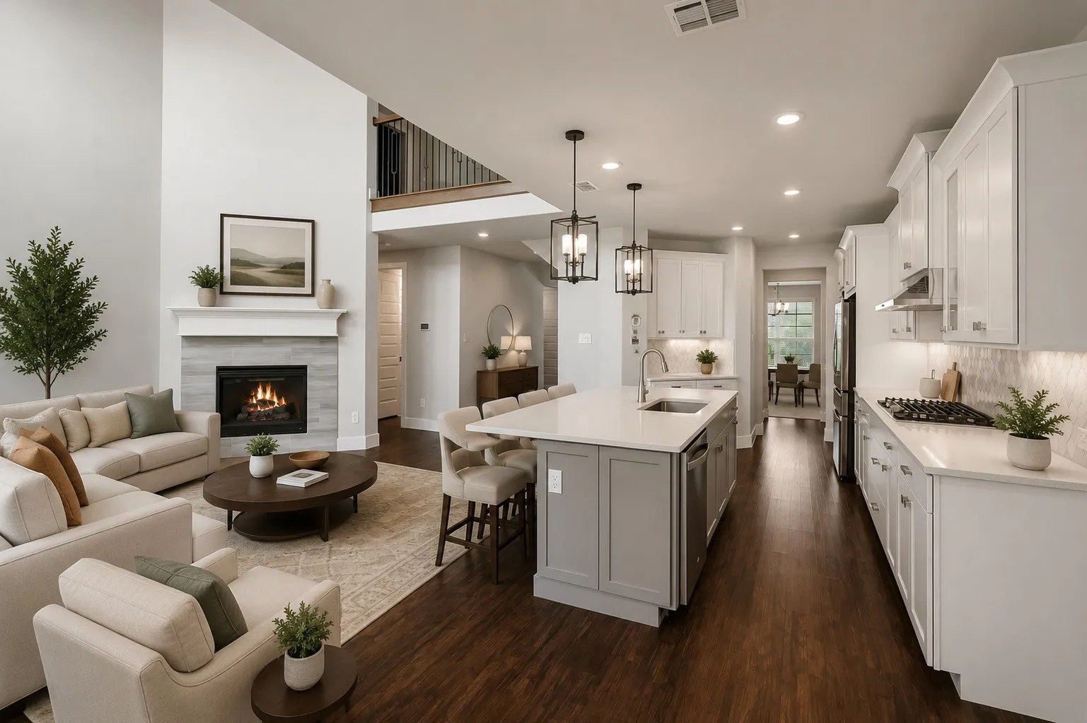 Open-concept living space with a two-story ceiling, gas fireplace with a light-toned tile surround, wood-finish flooring, a kitchen island with seating, and white cabinetry