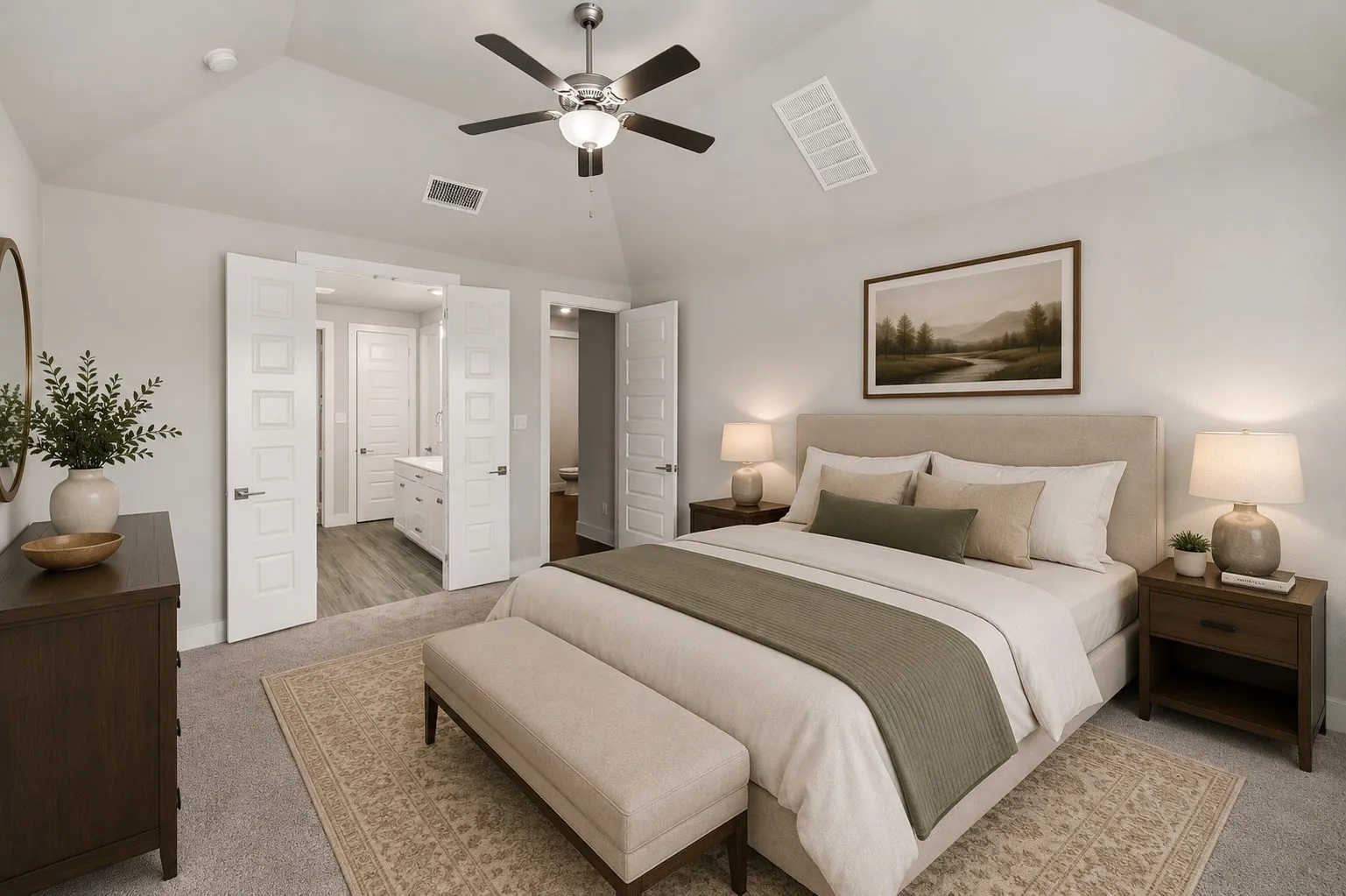 Vaulted ceiling with a ceiling fan, carpet flooring, and double doors opening to an adjoining space