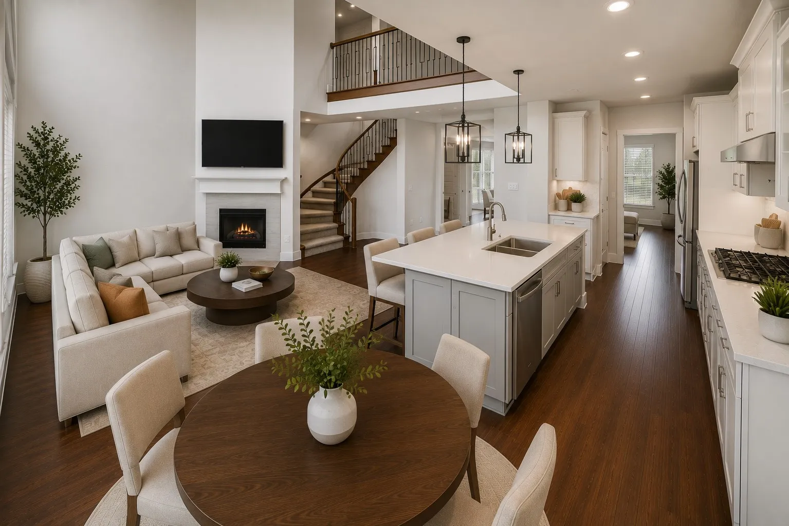 Two-story living area with a fireplace and wood-finish flooring, a spiral staircase, and a kitchen featuring an island with a double sink and pendant lighting
