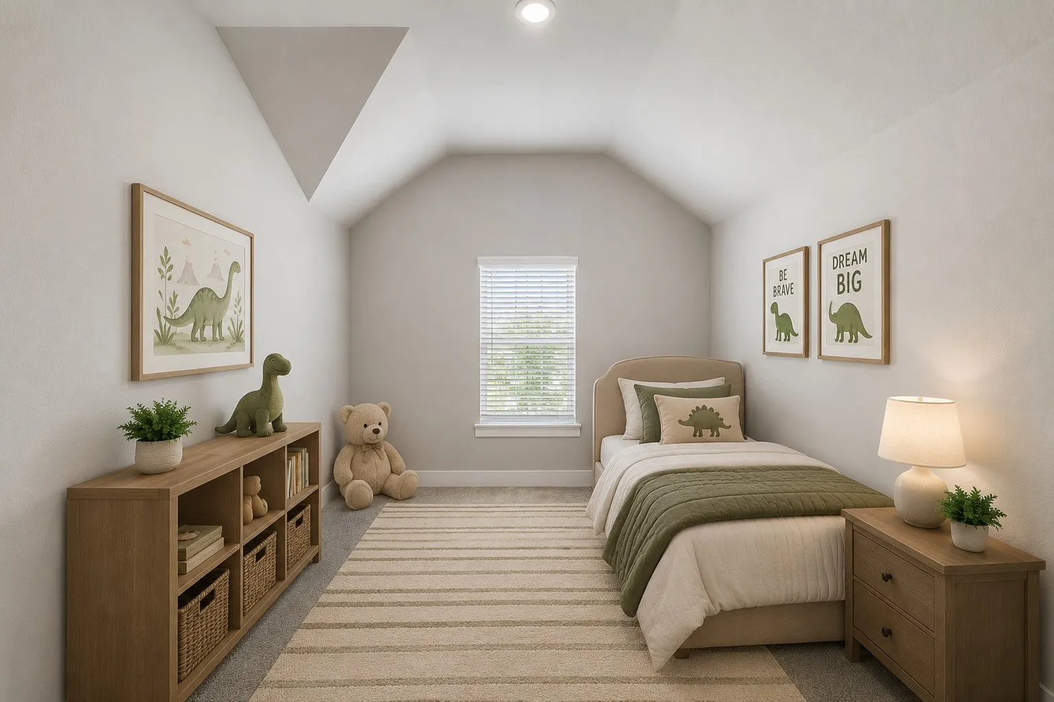 Vaulted ceiling, recessed lighting, carpet flooring, single window with blinds, and light-toned wall finishes