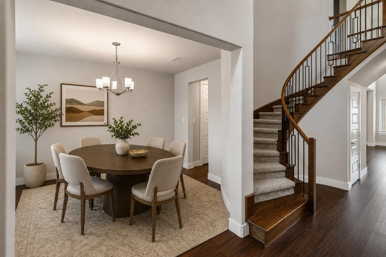 Hardwood-finish flooring, a curved staircase with carpeted treads and wrought iron balusters, a chandelier light fixture, and a built-in closet with double​​‌​​​​‌​​‌‌​‌‌​​​‌‌​‌​‌​‌​​​‌​​ doors