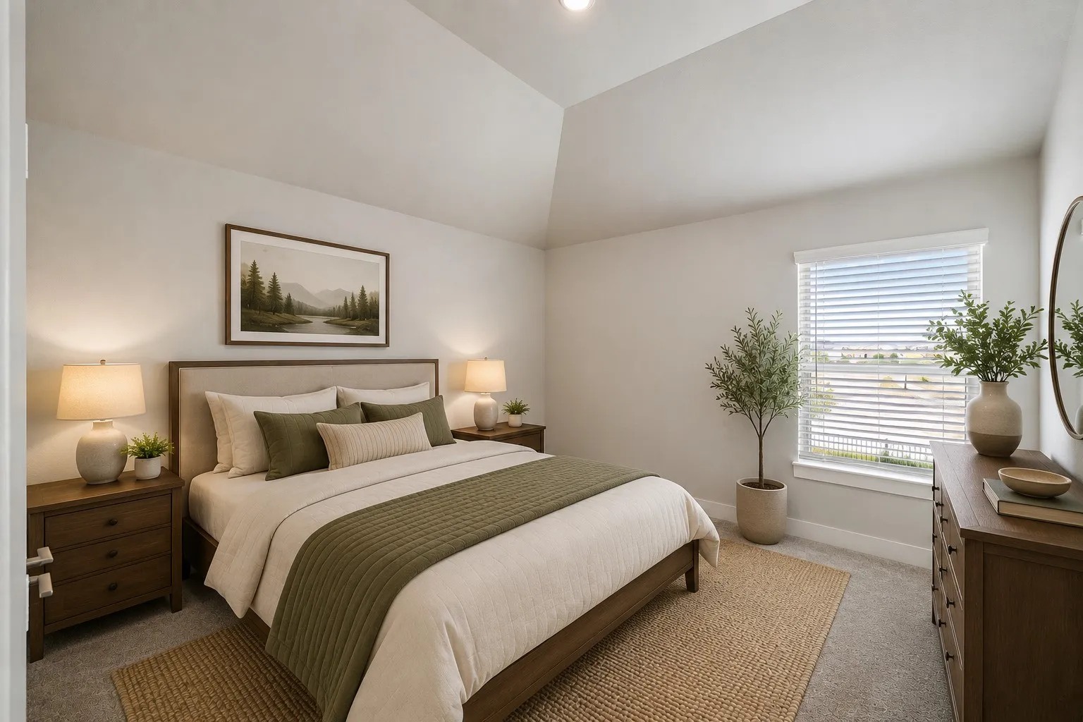 Vaulted ceiling, recessed lighting, window with blinds, carpeted flooring, wood-finish dresser