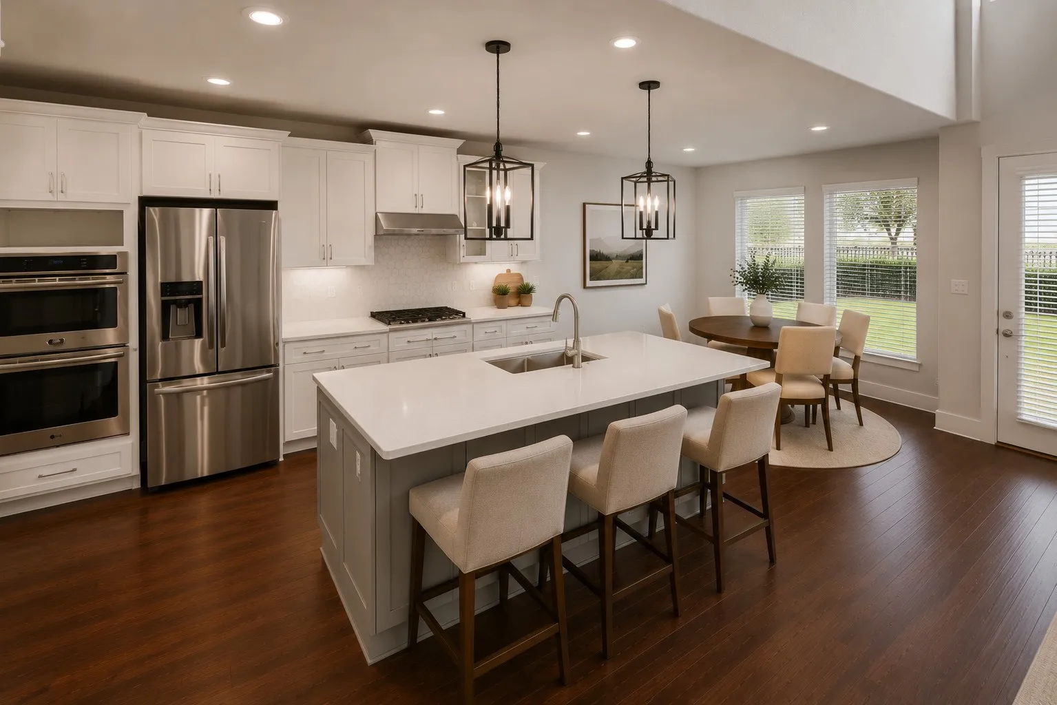 Kitchen featuring stainless steel appliances, white cabinetry, a central island with a sink, pendant lighting, and dark wood-finish flooring