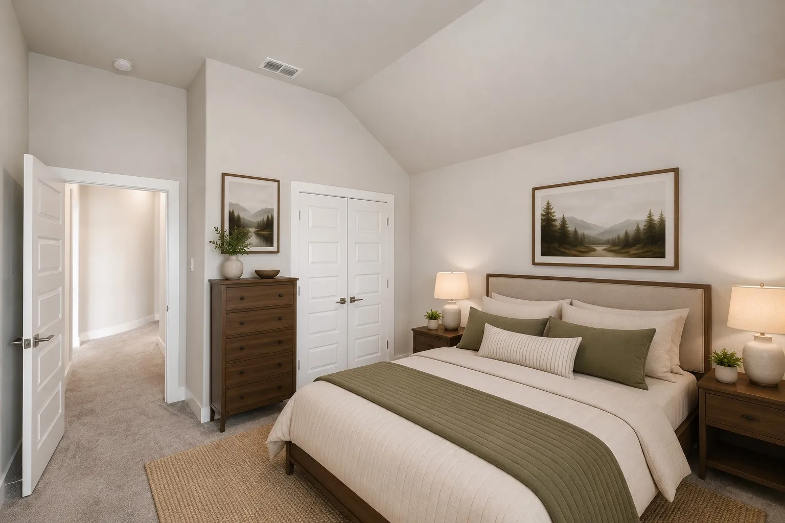 Vaulted ceiling, plush carpet flooring, white paneled doors, and ample natural light