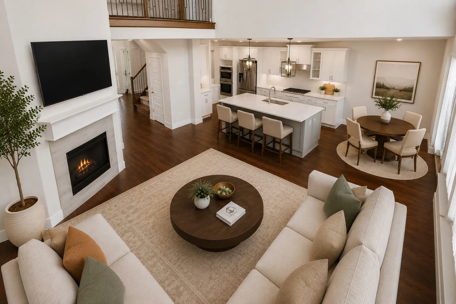 Soaring ceilings with an open-concept layout, a kitchen island with seating, a built-in fireplace, and wood-finish flooring throughout