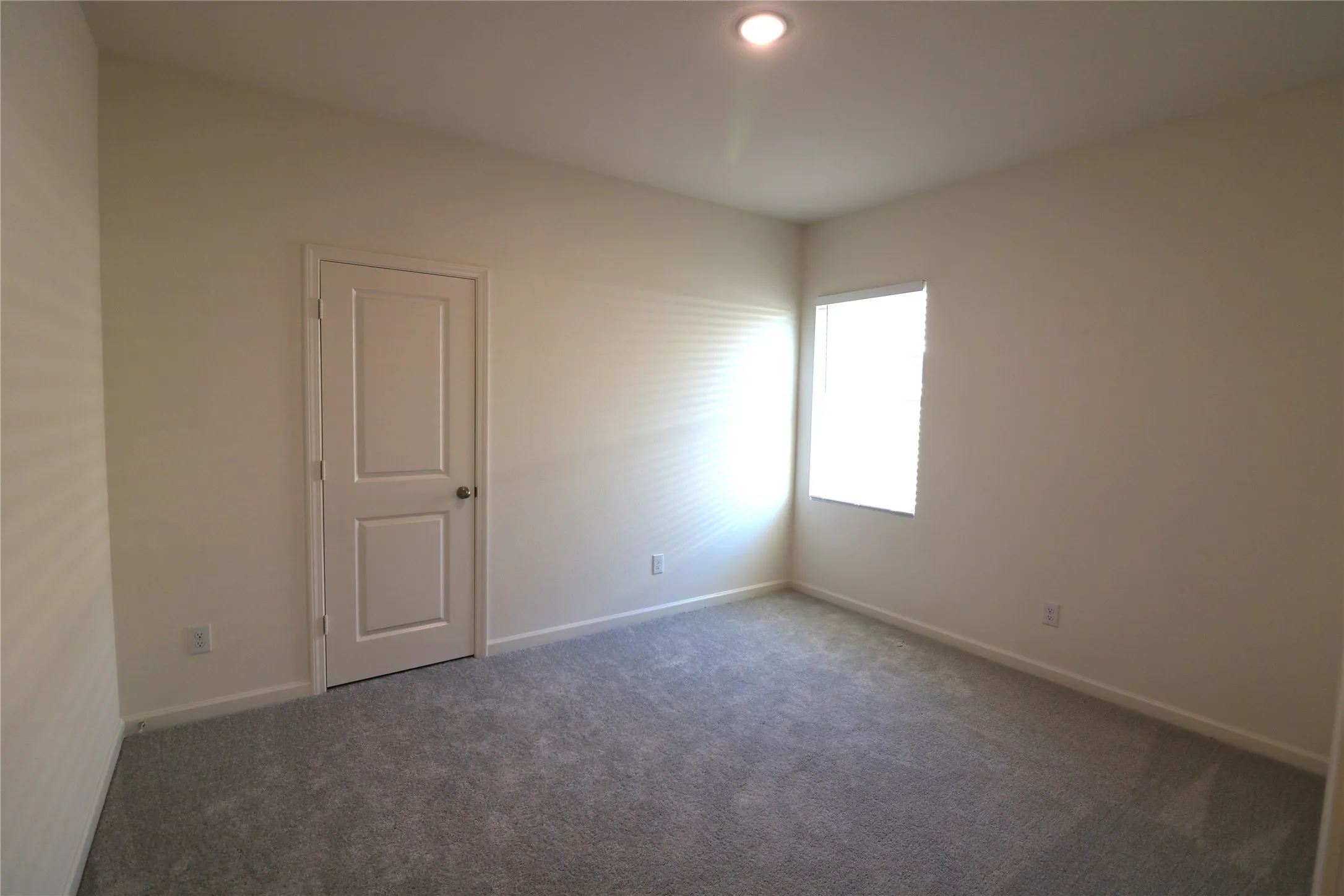 Recessed ceiling light, neutral wall paint, gray carpeting, white window blinds, and a paneled interior door