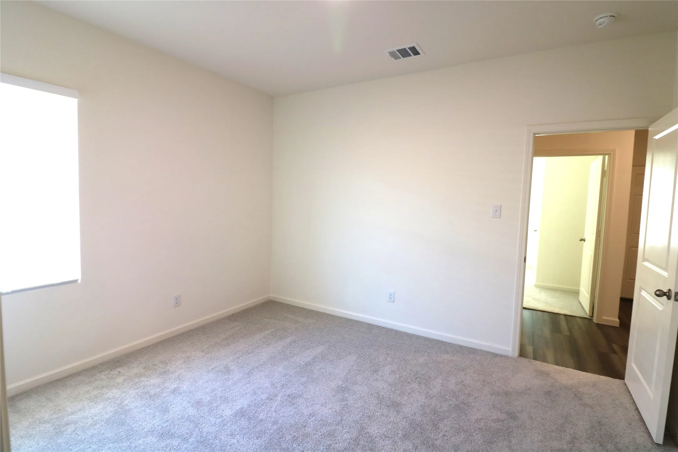 Carpeted room with white walls, a window with a roller shade, and a doorway opening to wood-finish flooring