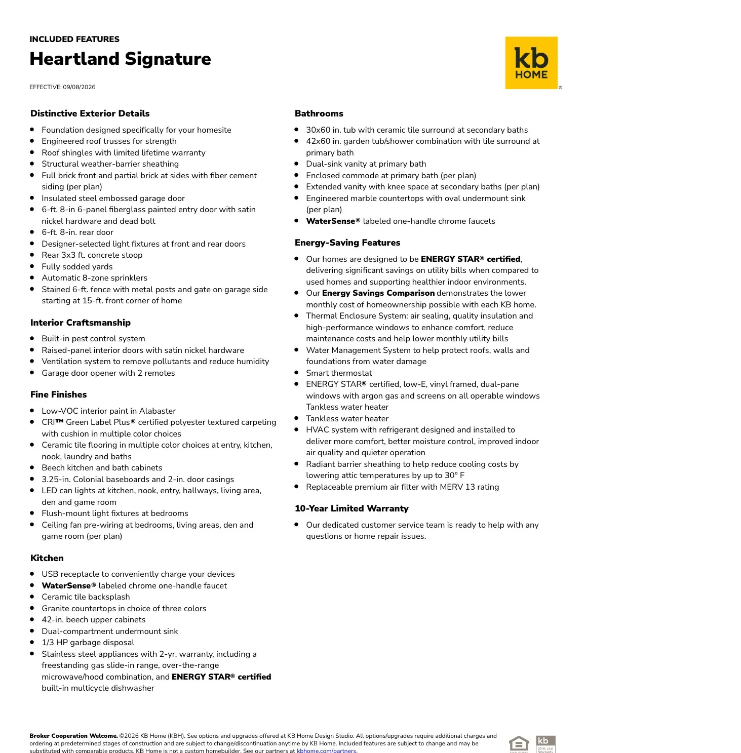 Heartland Signature Included Features. Outlining various property specifications and warranty information