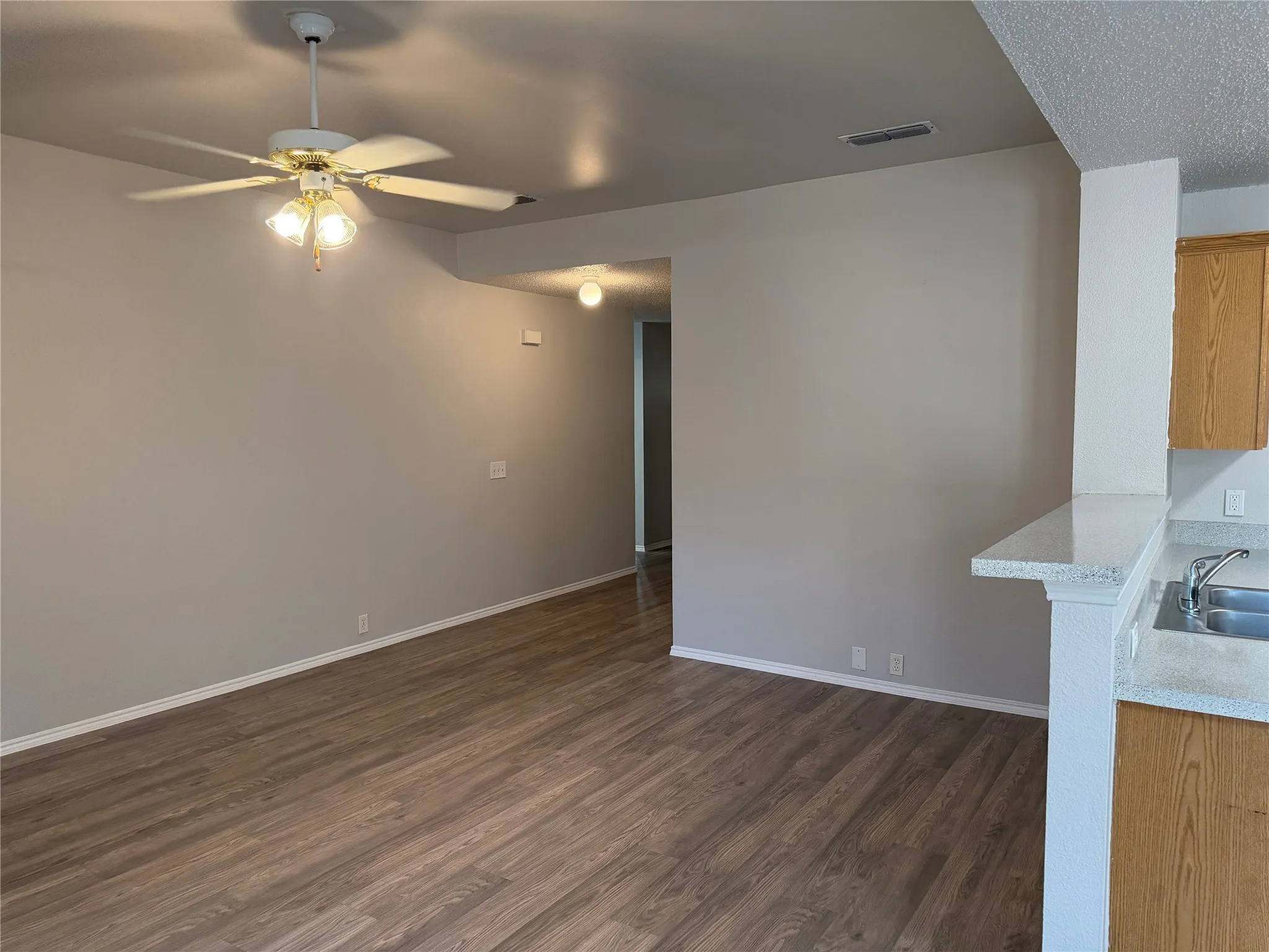 Wood-finish flooring, light grey painted walls, ceiling fan with integrated lighting, kitchen counter with integrated sink, wood-finish cabinetry