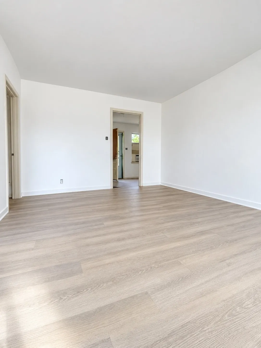 Spacious room featuring wood-finish flooring, white walls, and bright overhead lighting