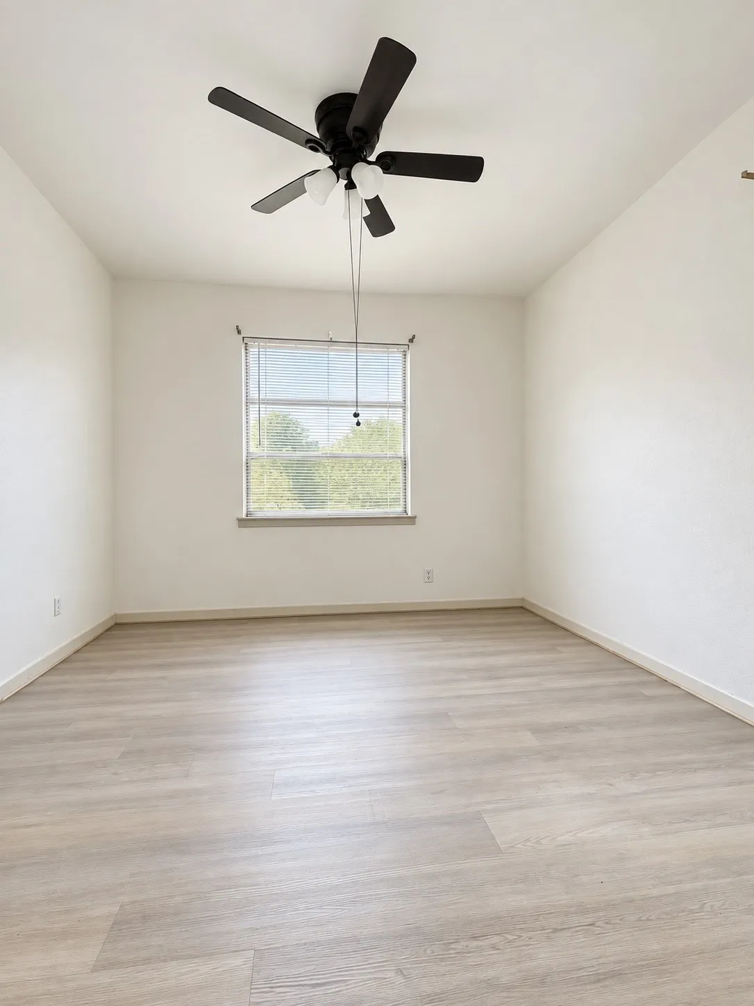Wood-finish flooring, a ceiling fan with integrated lighting, and a window with blinds