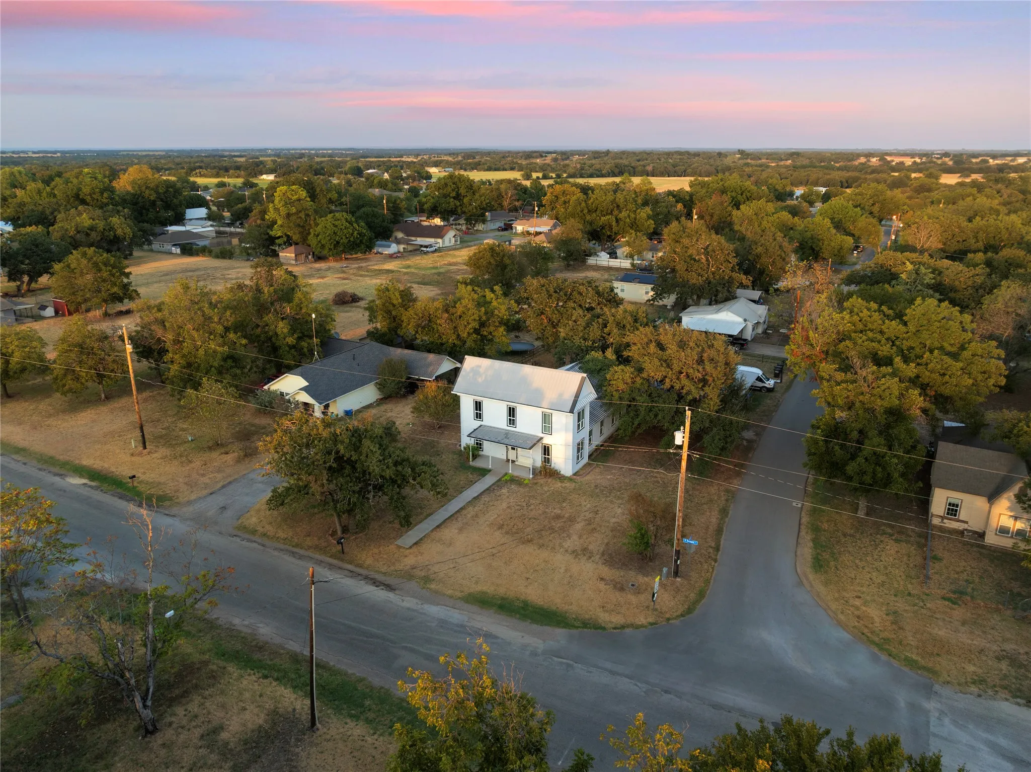 Aerial perspective showcasing a residential street with mature trees and surrounding green spaces