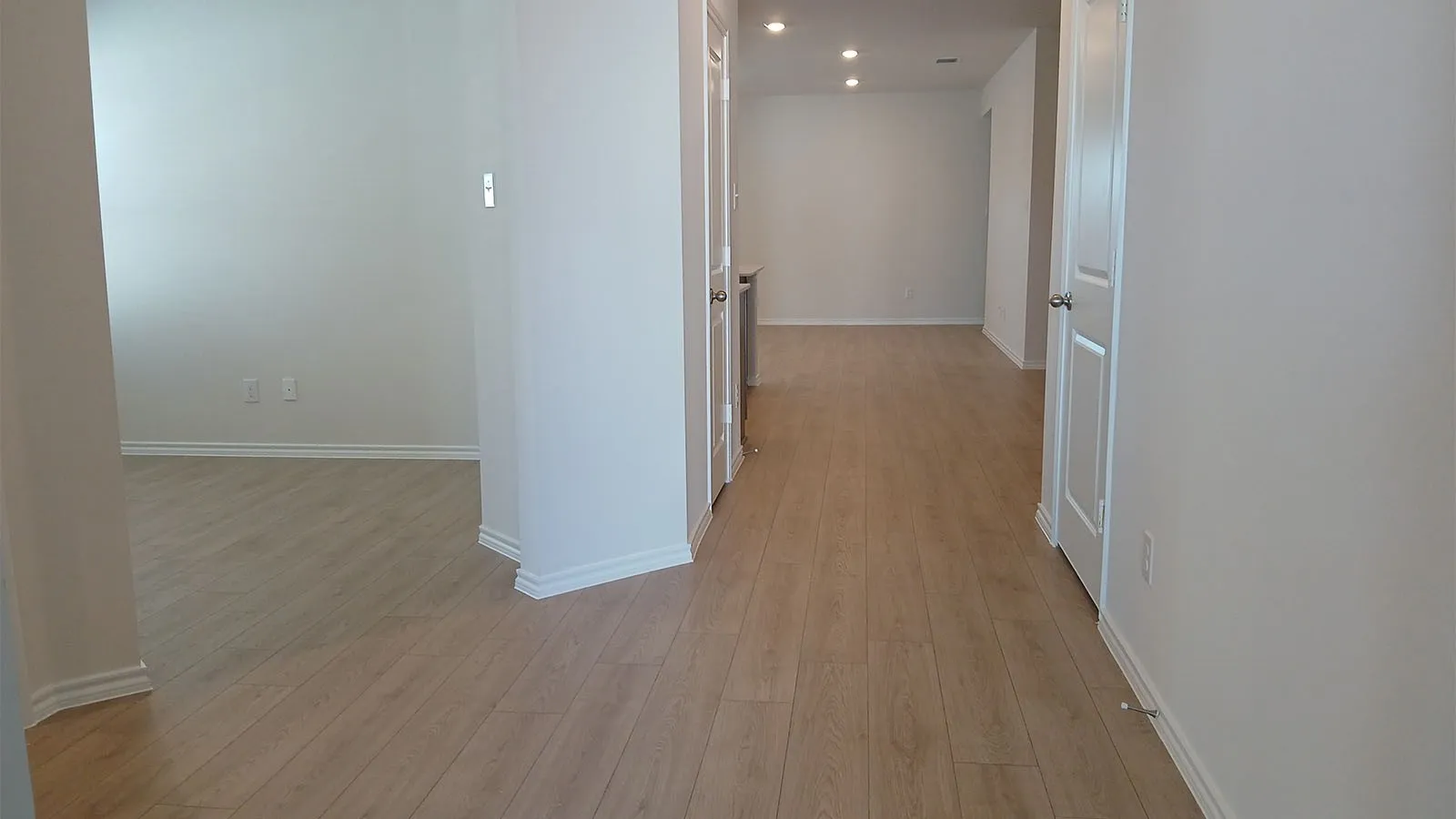Wood-finish flooring throughout, white baseboards, recessed lighting, and white paneled doors